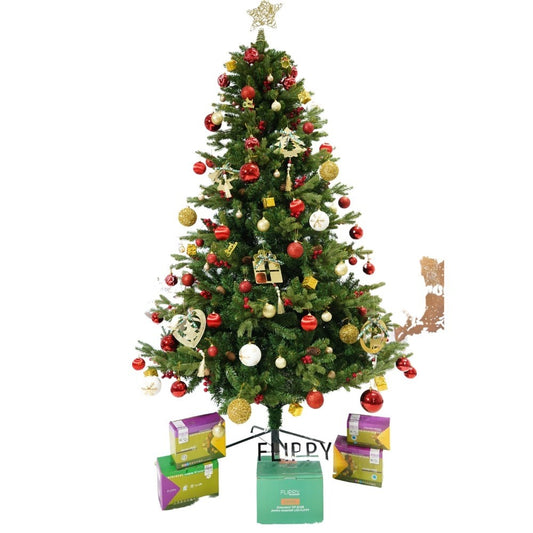 Set brad artificial de Craciun si elemente decorative, decorat cu conuri pin rosii, inaltime 210 cm, diametru 137 cm, 1172 ramuri, Vivimall, verde, suport metalic inclus - vivimall.ro