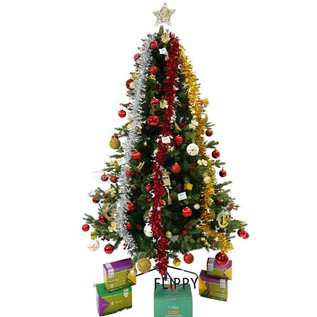 Set brad artificial de Craciun si elemente decorative, decorat cu conuri pin rosii, inaltime 210 cm, diametru 137 cm, 1172 ramuri, Flippy, verde, suport metalic inclus - vivimall.ro