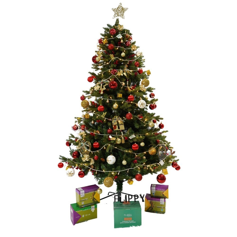 Set brad artificial de Craciun si elemente decorative, decorat cu conuri pin rosii, inaltime 210 cm, diametru 137 cm, 1172 ramuri, Flippy, verde, suport metalic inclus - vivimall.ro