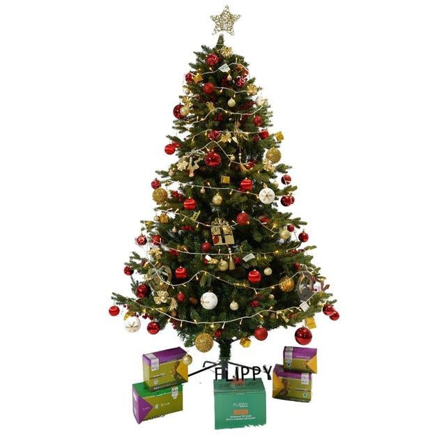 Set brad artificial de Craciun si elemente decorative, decorat cu conuri pin rosii, inaltime 210 cm, diametru 137 cm, 1172 ramuri, Flippy, verde, suport metalic inclus - vivimall.ro