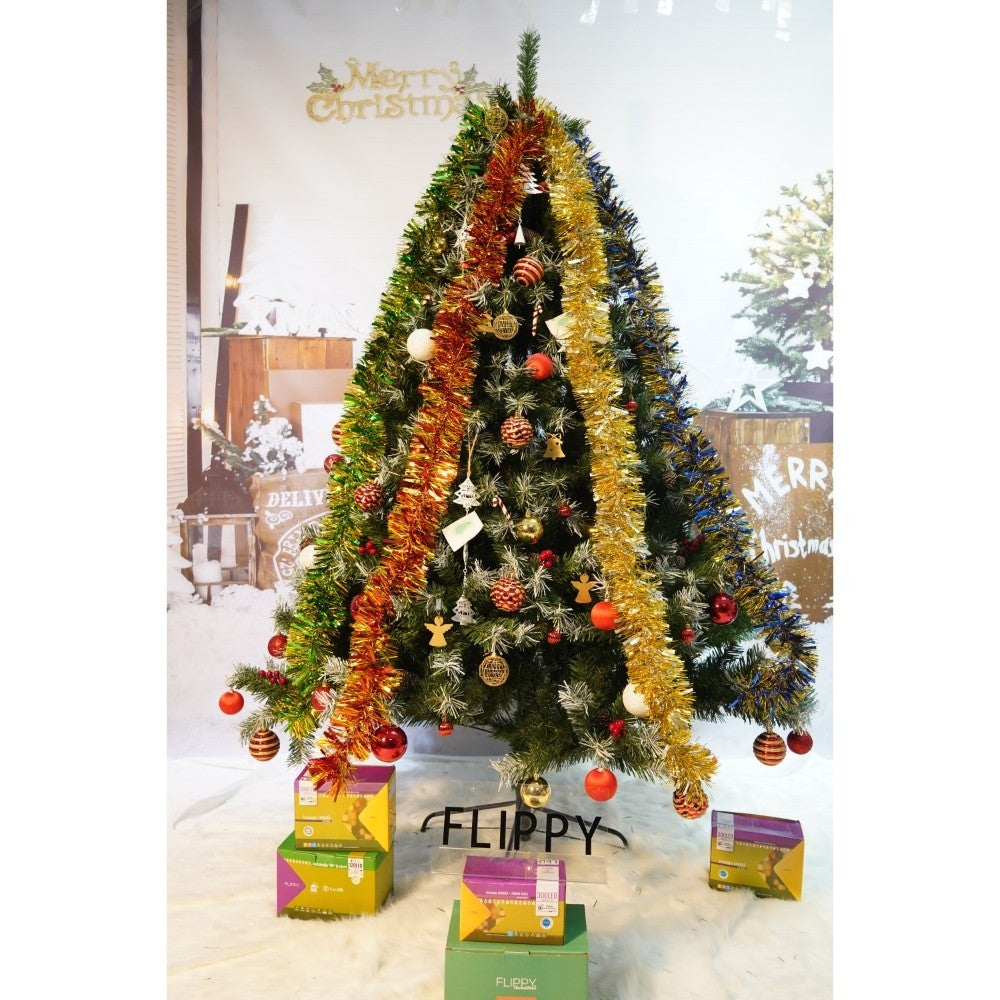 Set brad artificial de Craciun si elemente decorative, nins, decorat cu conuri pin, pentru interior/exterior, inaltime 210 cm, diametru 147 cm, 1150 ramuri, Flippy, verde, suport metalic inclus - vivimall.ro