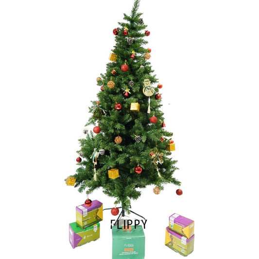 Set brad artificial de Craciun si elemente decorative, nins, decorat cu conuri pin, pentru interior/exterior, inaltime 210 cm, diametru 131 cm, 630 ramuri, Vivimall, alb/verde, suport metalic inclus - vivimall.ro