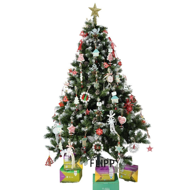 Set brad artificial de Craciun si elemente decorative, nins, decorat cu conuri pin, pentru perete/colt, inaltime 210 cm, diametru 149 cm, 1224 ramuri, Flippy, verde, suport metalic inclus - vivimall.ro