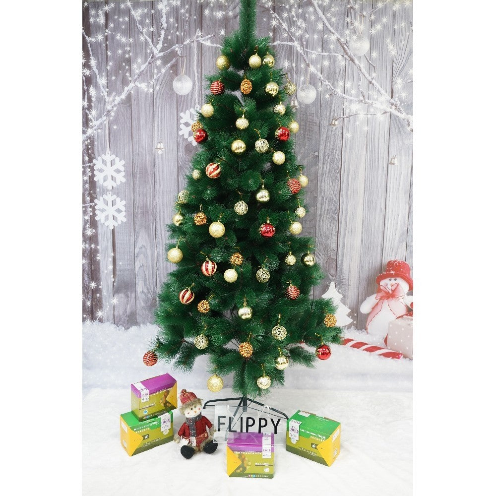 Set brad artificial de Craciun si elemente decorative tip pin, inaltime 210 cm, diametru 115 cm, 350 ramuri cu ace 3D 12 cm, Flippy, verde, suport metalic inclus - vivimall.ro