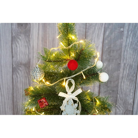 Műfenyő szett és díszítőelemek, havas fenyő, 2-es típus, magasság 150 cm, átmérő 85 cm, ​​160 ág 3D tűkkel, 12 cm, tűlevelekkel, hópelyhekkel, fém állvánnyal
