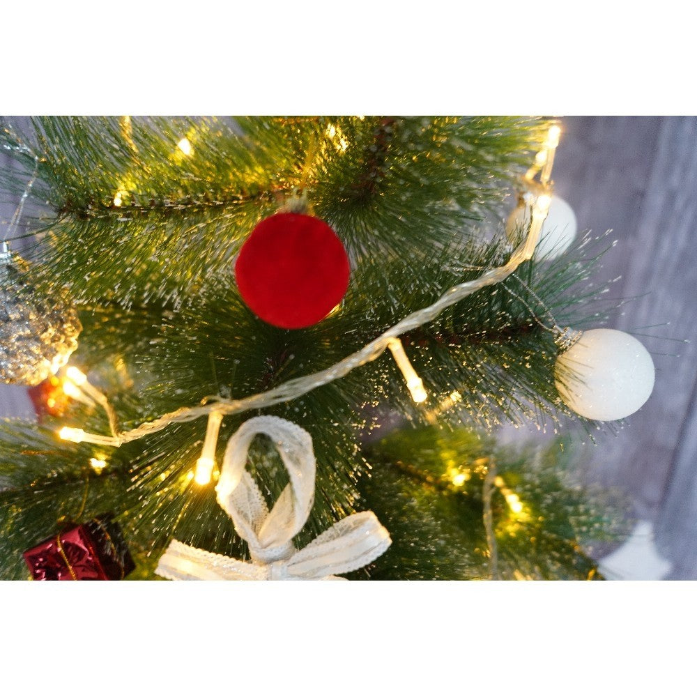 Set brad artificial de Craciun si elemente decorative tip pin inzapezit tip 2, inaltime 150 cm, diametru 85 cm, 160 ramuri cu ace 3D 12 cm, Vivimall, verde cu varfuri, ninse, suport metalic inclus - vivimall.ro