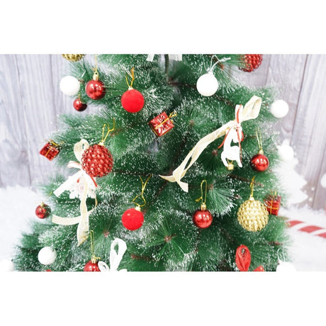 Műfenyő szett és díszítőelemek, havas fenyő, 3-as típus, magasság 150 cm, átmérő 85 cm, ​​160 ág 3D tűkkel, 12 cm, tűlevelekkel, hópelyhekkel, fém állvánnyal