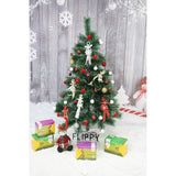 Set brad artificial de Craciun si elemente decorative tip pin inzapezit tip 3, inaltime 150 cm, diametru 85 cm, 160 ramuri cu ace 3D 12 cm, Vivimall, verde cu varfuri, ninse, suport metalic inclus - vivimall.ro