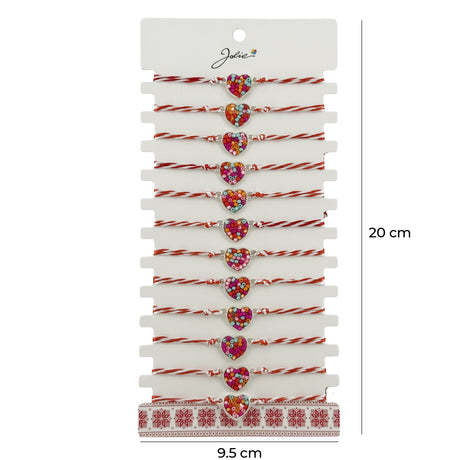 Bratara Martisor pentru Dama, Jolie, Model Inima Colorata, Set 12 bucati, Pandativ Argintiu din Inox cu Elemente Multicolore, Snur Alb/Rosu - vivimall.ro