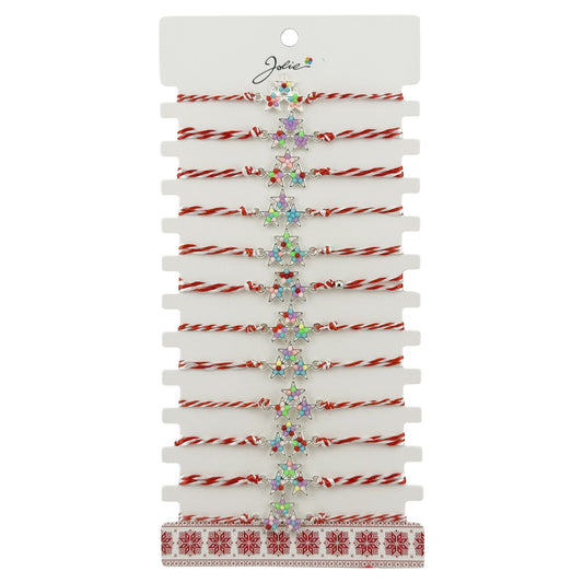 Set 12 brățări mărțișor Jolie model 3 Stele, snur alb-roșu cu pandantiv metalic multicolor, vedere de ansamblu