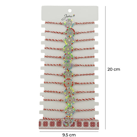 Bratara Martisor pentru Dama, Jolie, Model Floaricica in Cerc, Set 12 bucati, Pandativ Argintiu din Inox cu Elemente Multicolore, Snur Alb/Rosu - vivimall.ro