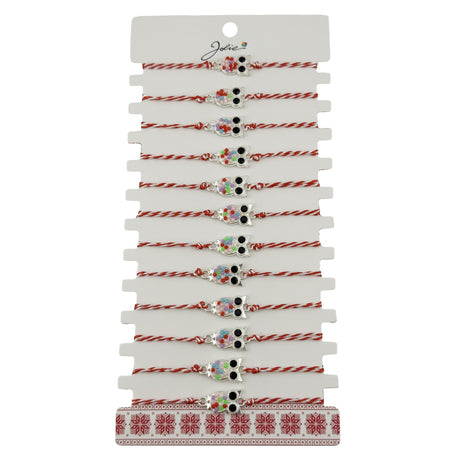 Bratara Martisor pentru Dama, Jolie, Model Bufnita, Set 12 bucati, Pandativ Argintiu din Inox cu Elemente Multicolore, Snur Alb/Rosu - vivimall.ro