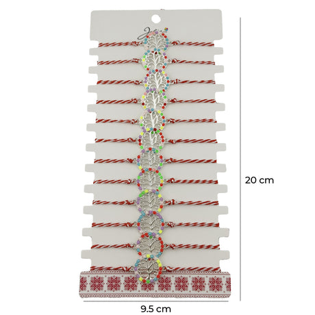 Bratara Martisor pentru Dama, Jolie, Model Copac, Set 12 bucati, Pandativ Argintiu din Inox cu Elemente Multicolore, Snur Alb/Rosu - vivimall.ro