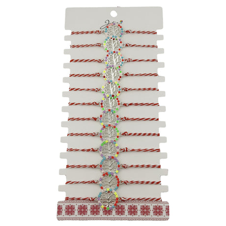Bratara Martisor pentru Dama, Jolie, Model Copac, Set 12 bucati, Pandativ Argintiu din Inox cu Elemente Multicolore, Snur Alb/Rosu - vivimall.ro