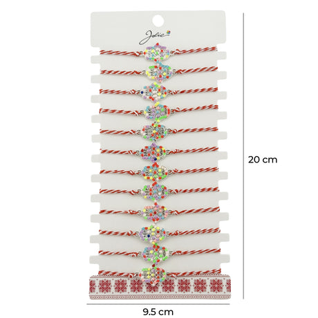 Bratara Martisor pentru Dama, Jolie, Model Floare, Set 12 bucati, Pandativ Argintiu din Inox cu Elemente Multicolore, Snur Alb/Rosu - vivimall.ro