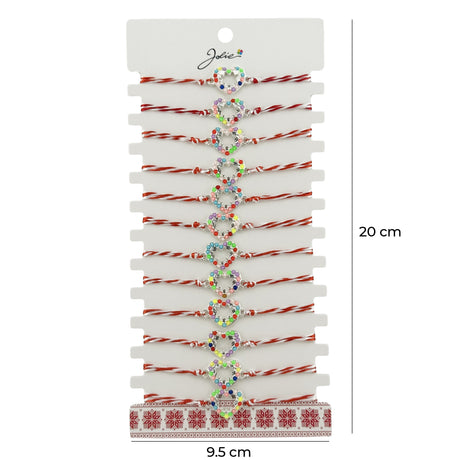 Bratara Martisor pentru Dama, Jolie, Model Inima Multicolora, Set 12 bucati, Pandativ Argintiu din Inox cu Elemente Multicolore, Snur Alb/Rosu - vivimall.ro