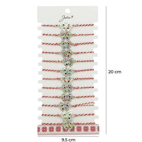 Bratara Martisor pentru Dama, Jolie, Model Fluture Multicolor, Set 12 bucati, Pandativ Argintiu din Inox cu Elemente Multicolore, Snur Alb/Rosu - vivimall.ro