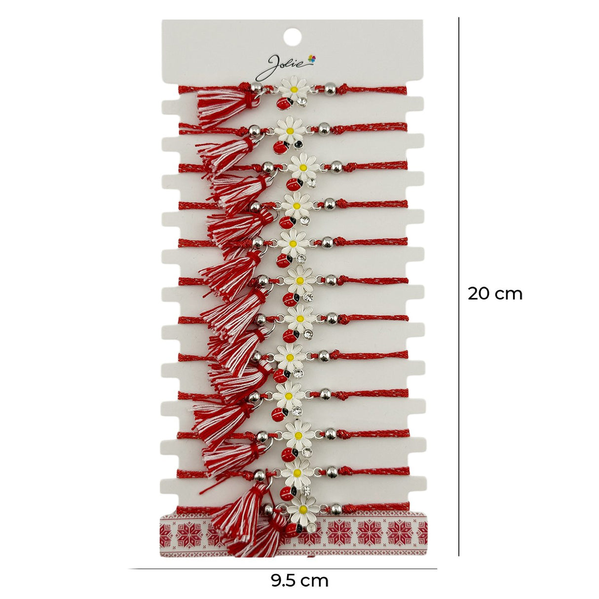 Brățară mărțișor Jolie purtată pe încheietură, design floral roșu-alb, set 12 bucăți cadou 1 Martie