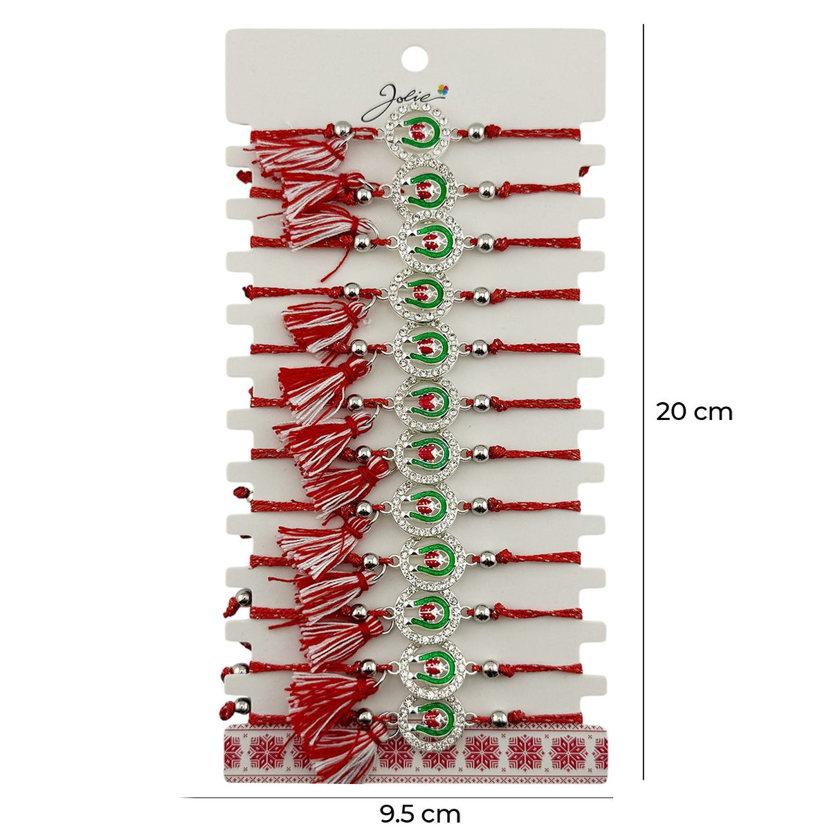 Martisor Bratara cu Ciucure pentru Dama, Jolie, Model Potcoava cu Buburuza in Cerc, Set 12 bucati, Pandativ din Inox cu Pietre, Snur Reglabil, Rosu/Alb - vivimall.ro