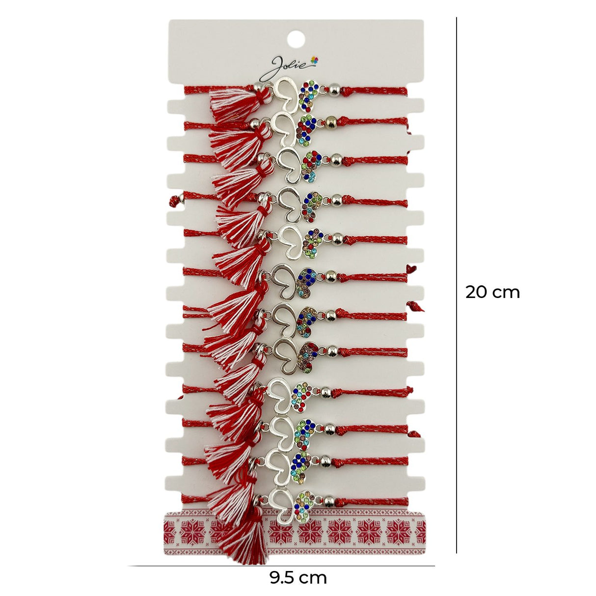Martisor Bratara cu Ciucure pentru Dama, Jolie, Model Fluture cu Pietre Colorate, Set 12 bucati, Pandativ din Inox, Snur Reglabil, Rosu/Alb - vivimall.ro