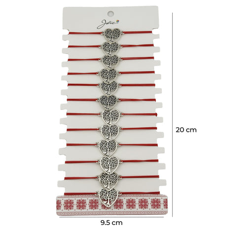 Bratara Martisor pentru Dama, Jolie, Model Copac in Inima, Set 12 bucati, Pandativ Argintiu din Inox cu Snur Rosu Ajustabil - vivimall.ro