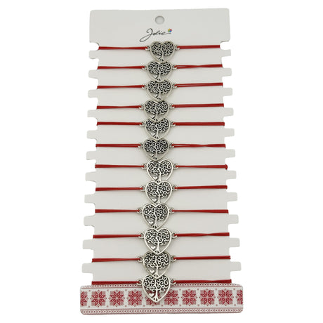 Bratara Martisor pentru Dama, Jolie, Model Copac in Inima, Set 12 bucati, Pandativ Argintiu din Inox cu Snur Rosu Ajustabil - vivimall.ro