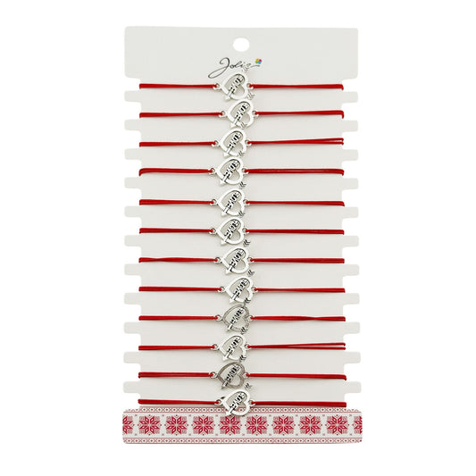 Martisor Bratara Elastica cu Pandantiv din Inox, Jolie, pentru Dama, Set 12 bucati, Snur Rosu Textil, Model Inima Love - vivimall.ro