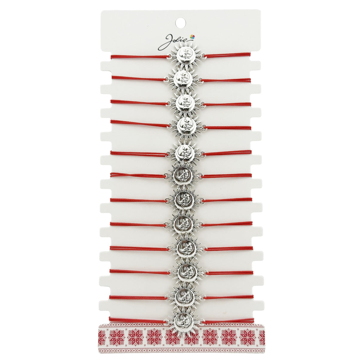 Bratara Martisor pentru Dama, Jolie, Model Soare, Set 12 bucati, Pandativ Argintiu din Inox cu Snur Rosu Ajustabil - vivimall.ro