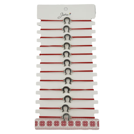 Bratara Martisor pentru Dama, Jolie, Model Potcoava, Set 12 bucati, Pandativ Argintiu din Inox cu Snur Rosu Ajustabil - vivimall.ro