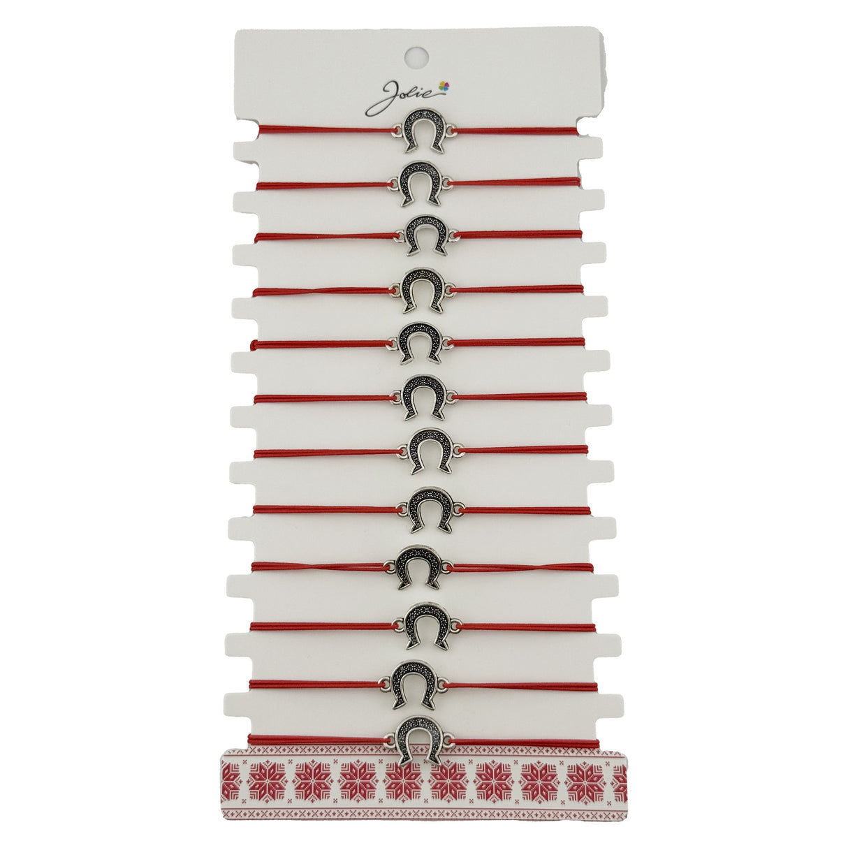 Bratara Martisor pentru Dama, Jolie, Model Potcoava, Set 12 bucati, Pandativ Argintiu din Inox cu Snur Rosu Ajustabil - vivimall.ro
