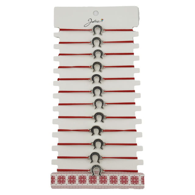 Bratara Martisor pentru Dama, Jolie, Model Potcoava, Set 12 bucati, Pandativ Argintiu din Inox cu Snur Rosu Ajustabil - vivimall.ro