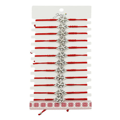 Mărțișor brățară împletită Jolie cu pandantiv inox model floare, snur roșu textil, set 12 bucăți – vedere frontală