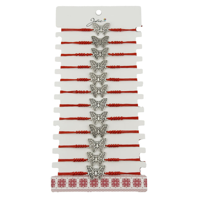 Set 12 brățări mărțișor pentru damă Jolie, model fluture argintiu cu snur roșu ajustabil, vedere de ansamblu