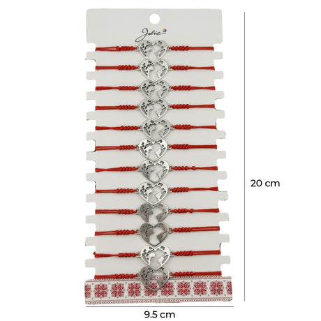 Bratara Martisor pentru Dama, Jolie, Model Inima Glob, Set 12 bucati, Pandativ Argintiu din Inox cu Snur Rosu Ajustabil - vivimall.ro