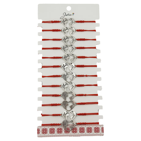 Bratara Martisor pentru Dama, Jolie, Model Inima Glob, Set 12 bucati, Pandativ Argintiu din Inox cu Snur Rosu Ajustabil - vivimall.ro