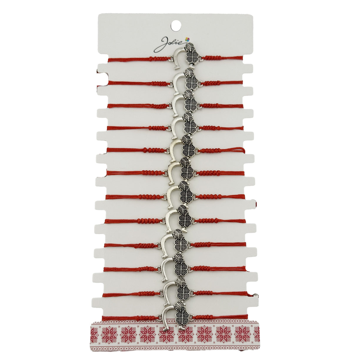 Bratara Martisor pentru Dama, Jolie, Model Potcoava cu Trifoi, Set 12 bucati, Pandativ Argintiu din Inox cu Snur Rosu Ajustabil - vivimall.ro