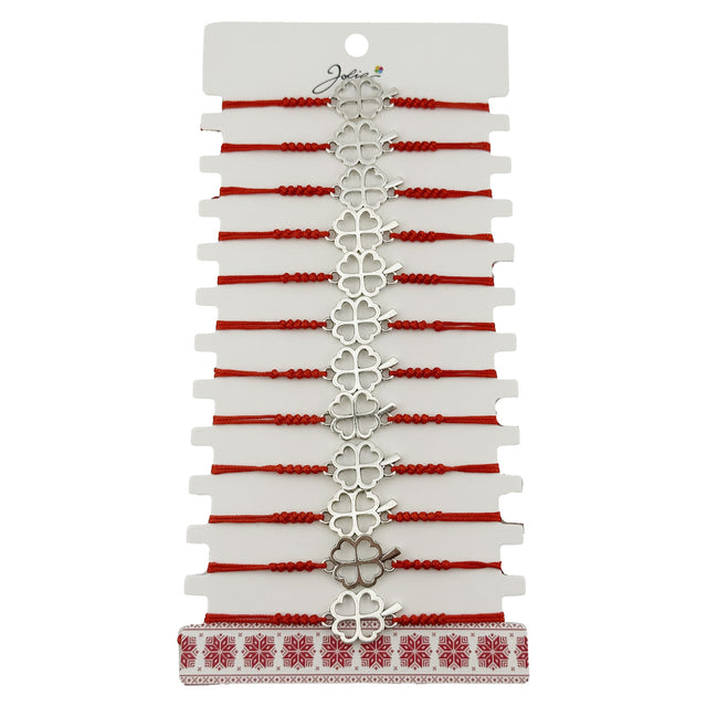 Bratara Martisor pentru Dama, Jolie, Model Trifoi in Contur, Set 12 bucati, Pandativ Argintiu din Inox cu Snur Rosu Ajustabil - vivimall.ro