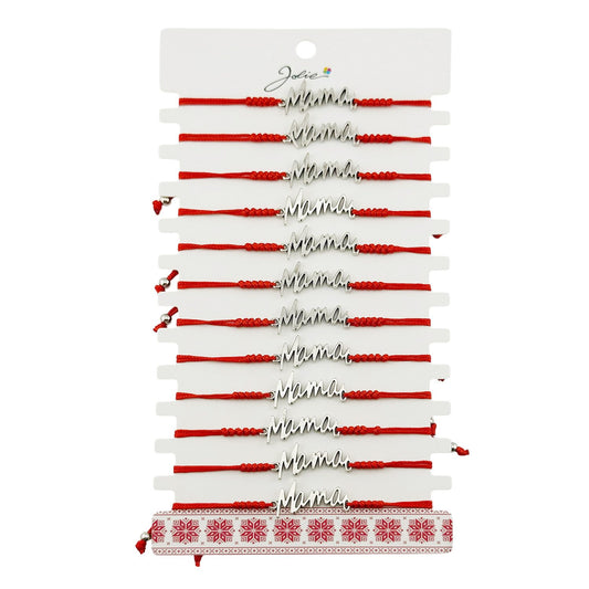 Mărțișor brățară împletită Jolie cu pandantiv inox model Mama, set 12 bucăți, snur roșu textil, vedere frontală