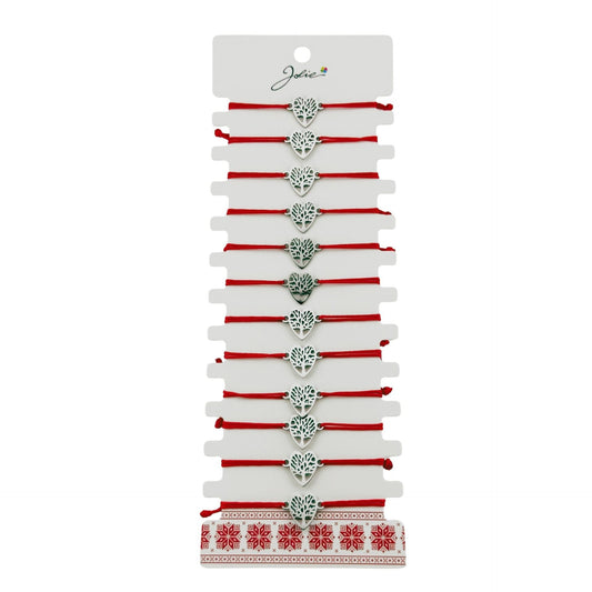 Bratara Martisor pentru Dama, Jolie, Model Copac in Inima, Set 12 bucati, Pandativ Argintiu din Inox cu Snur Rosu Ajustabil - vivimall.ro