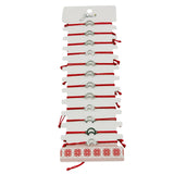 Brățară mărțișor Jolie model semilună, pandantiv argintiu din inox cu șnur roșu ajustabil, vedere frontală set 12 bucăți