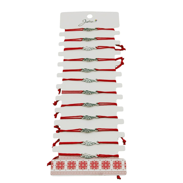 Bratara Martisor pentru Dama, Jolie, Model Aripa, Set 12 bucati, Pandativ Argintiu din Inox cu Snur Rosu Ajustabil - vivimall.ro