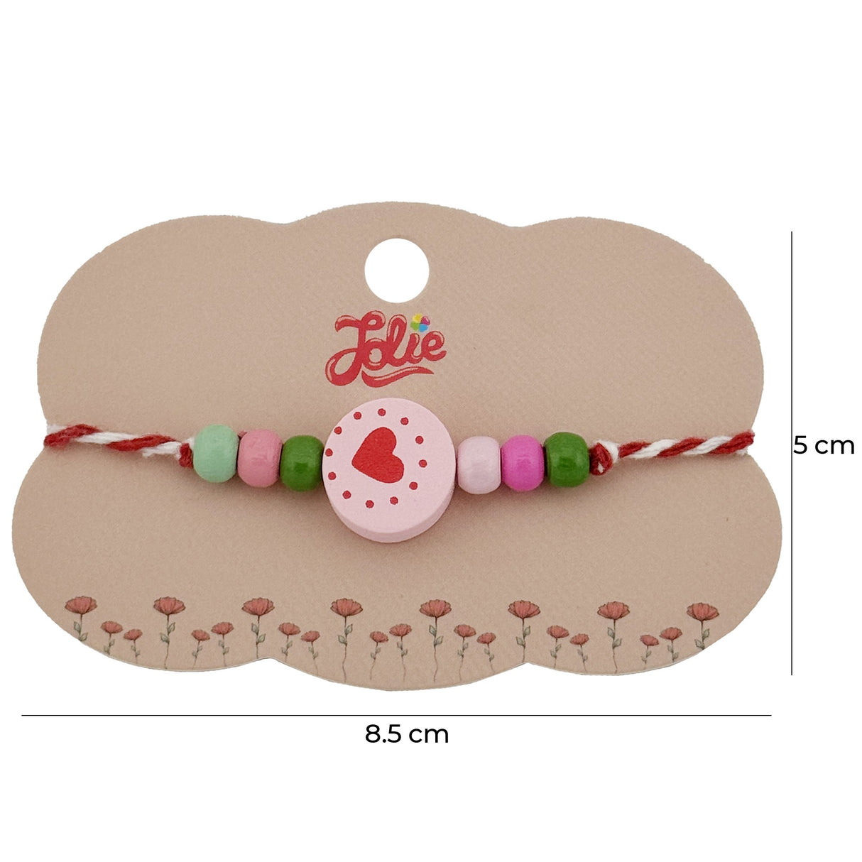 Detaliu pandantiv inimă cu motive florale și mărgele multicolore galben, roz, verde pe suport de prezentare 8,5 x 5 cm