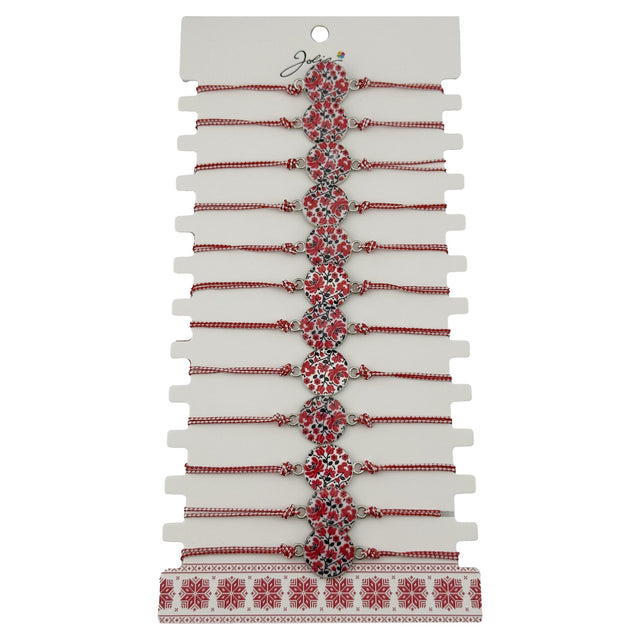 Bratara Martisor pentru Dama, Jolie, Model Rotund cu Flori, Set 12 bucati, Pandativ din Aliaj, cu Print Traditional, Snur Ajustabil Impletit, Alb/Rosu - vivimall.ro