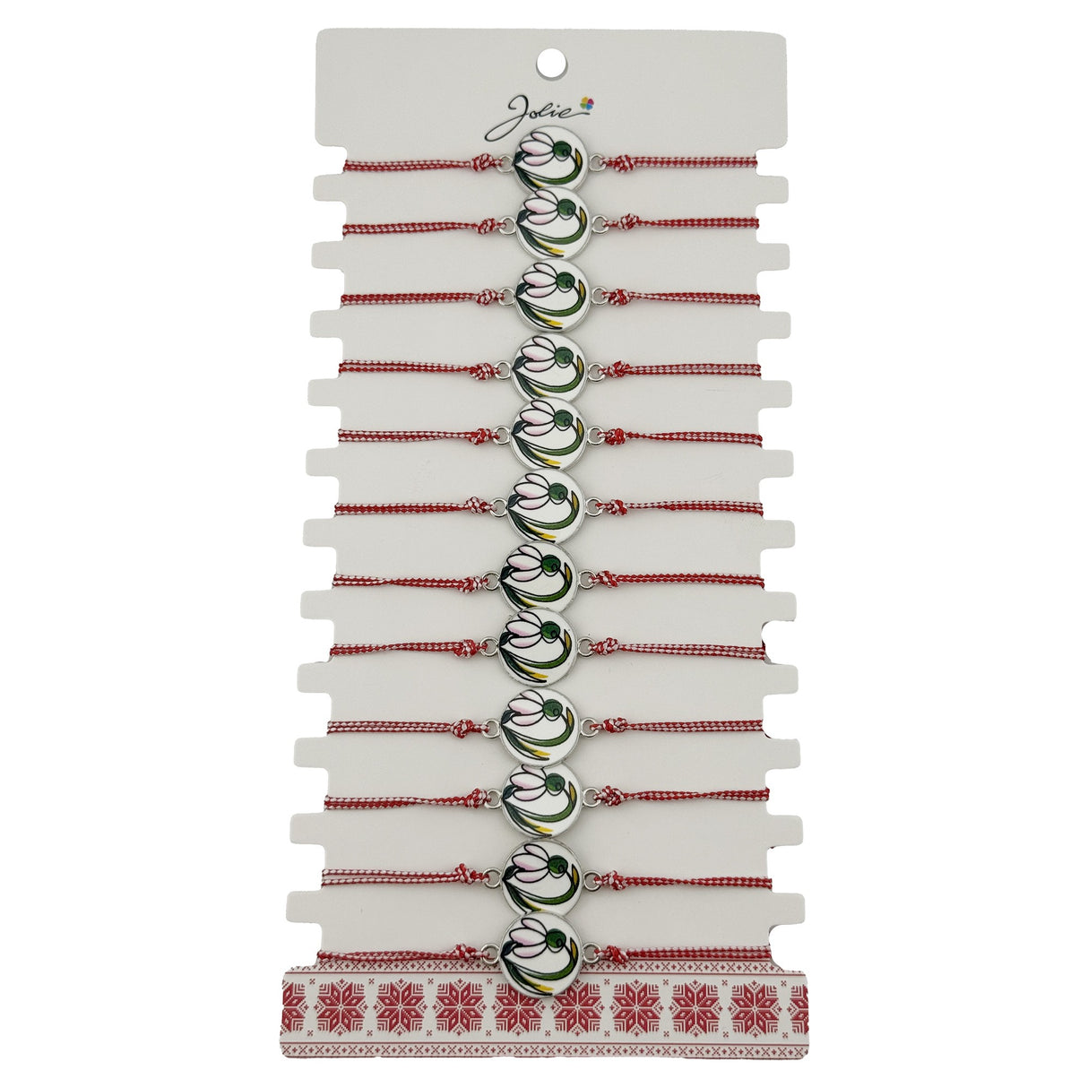 Bratara Martisor pentru Dama, Jolie, Model Rotund cu Ghiocel, Set 12 bucati, Pandativ din Aliaj cu Print Traditional, Snur Ajustabil Impletit, Alb/Rosu - vivimall.ro