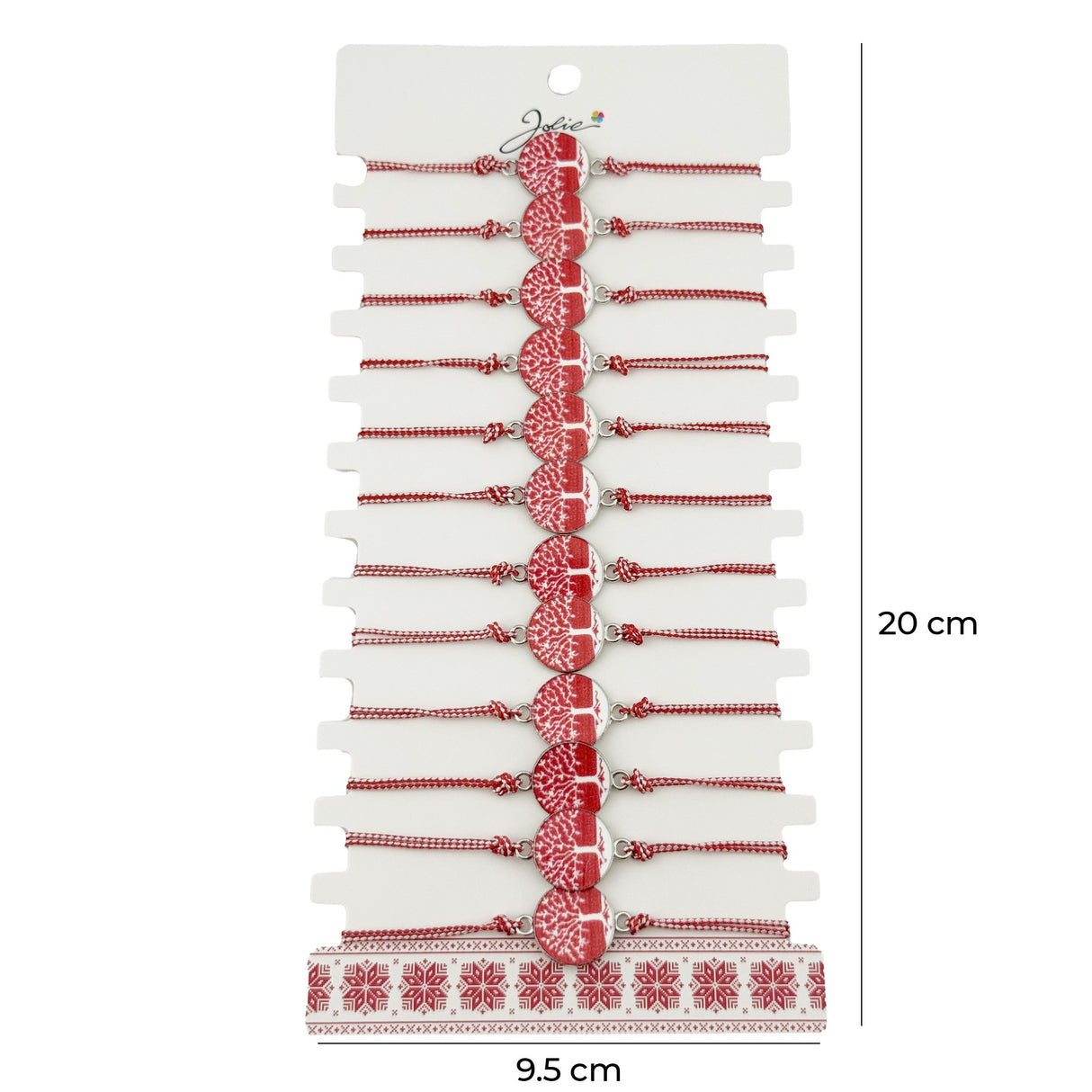 Bratara Martisor pentru Dama, Jolie, Model Rotund cu Copac, Set 12 bucati, Pandativ din Aliaj cu Print Traditional, Snur Ajustabil Impletit, Alb/Rosu - vivimall.ro