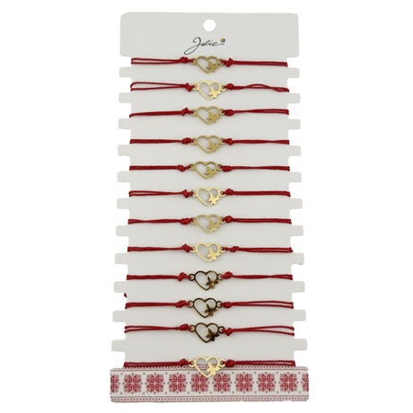 Bratara Martisor pentru Dama, Jolie, Model Inima cu Fluture, Set 12 bucati, Pandativ Auriu din Inox cu Snur Rosu Ajustabil - vivimall.ro