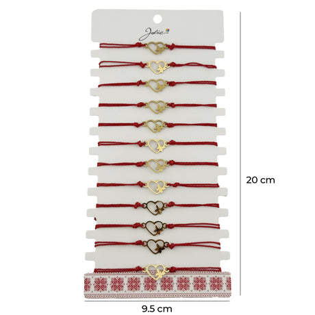 Bratara Martisor pentru Dama, Jolie, Model Inima cu Fluture, Set 12 bucati, Pandativ Auriu din Inox cu Snur Rosu Ajustabil - vivimall.ro