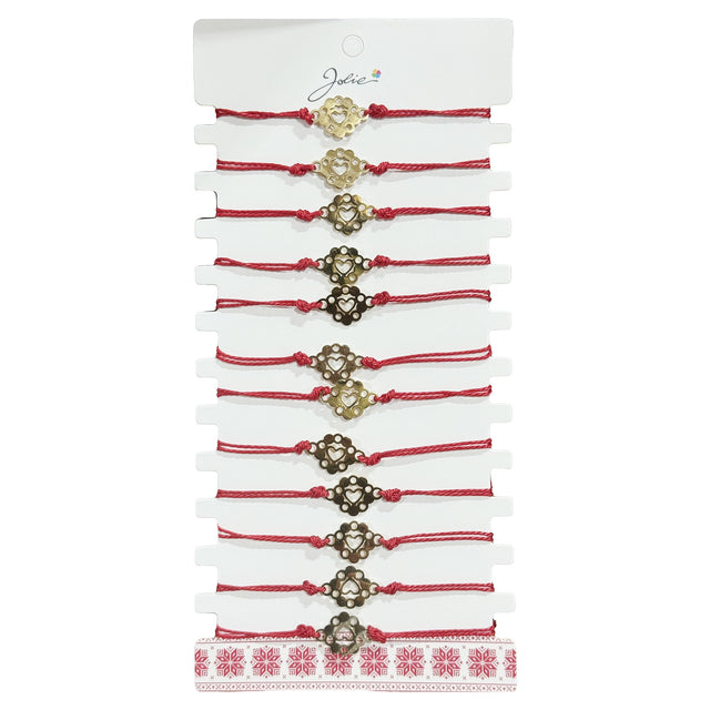 Bratara Martisor pentru Dama, Jolie, Model Inima in Floare, Set 12 bucati, Pandativ Auriu din Inox cu Snur Rosu Ajustabil - vivimall.ro