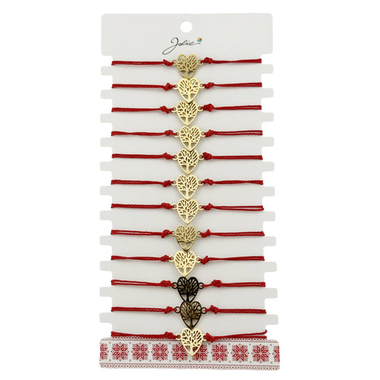 Bratara Martisor pentru Dama, Jolie, Model Copac in Inima, Set 12 bucati, Pandativ din Inox Auriu, Snur Ajustabil Impletit, Rosu - vivimall.ro