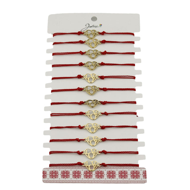 Bratara Martisor pentru Dama, Jolie, Model Love, Set 12 bucati, Pandativ din Inox Auriu, Snur Ajustabil Impletit, Rosu - vivimall.ro